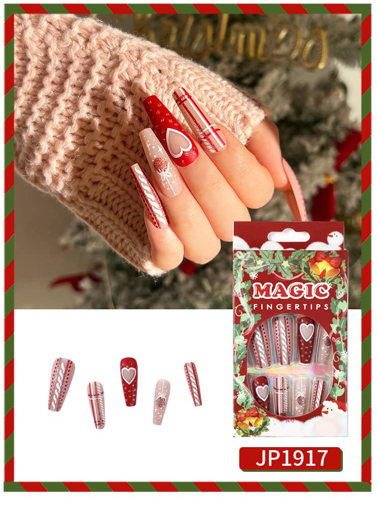 Christmas Press on Nails Super Long Square Fake Nails Red Bell Heart Stripe Glitter Design Full Cover Glue on Nails Artificial False Nail Tips Christmas Press on Nails for Women Girls 24Pcs