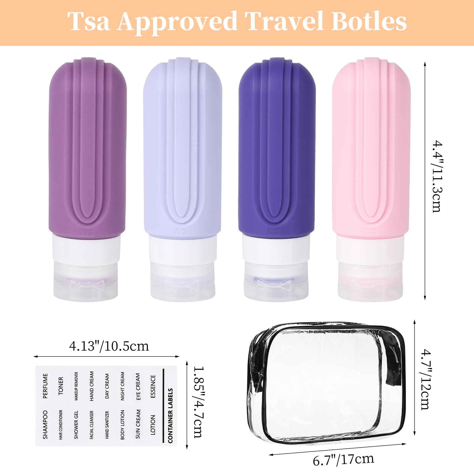 Travel Bottles Set for Toiletries, TSA Approved Travel Containers Leak Proof Silicone Squeezable Travel Accessories 2oz 3oz for Shampoo Conditioner Lotion Body Wash (Purple)