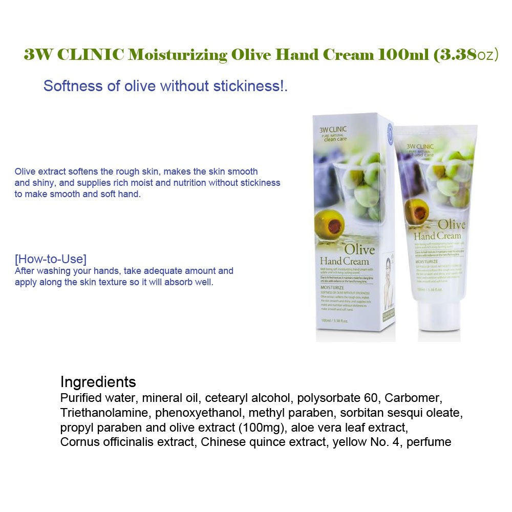 3W Clinic Hand Cream, Olive, 3.38 Ounce