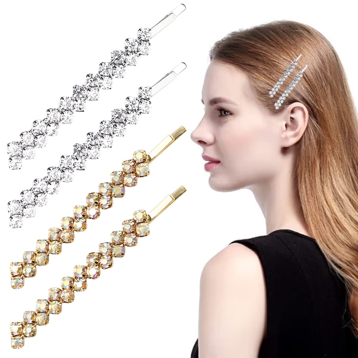 FERCAISH 4 Pcs Crystal Hair Pins, Simple Style Bangs Clip Rhinestone Hair Bobby Pins Sparkly Barrette for Women Girls Styling Accessories (Silver+Gold)