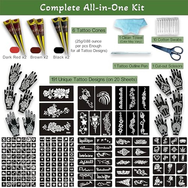 191-Piece Temporary Tattoo Stencils Kit with 6 Tattoo Cones