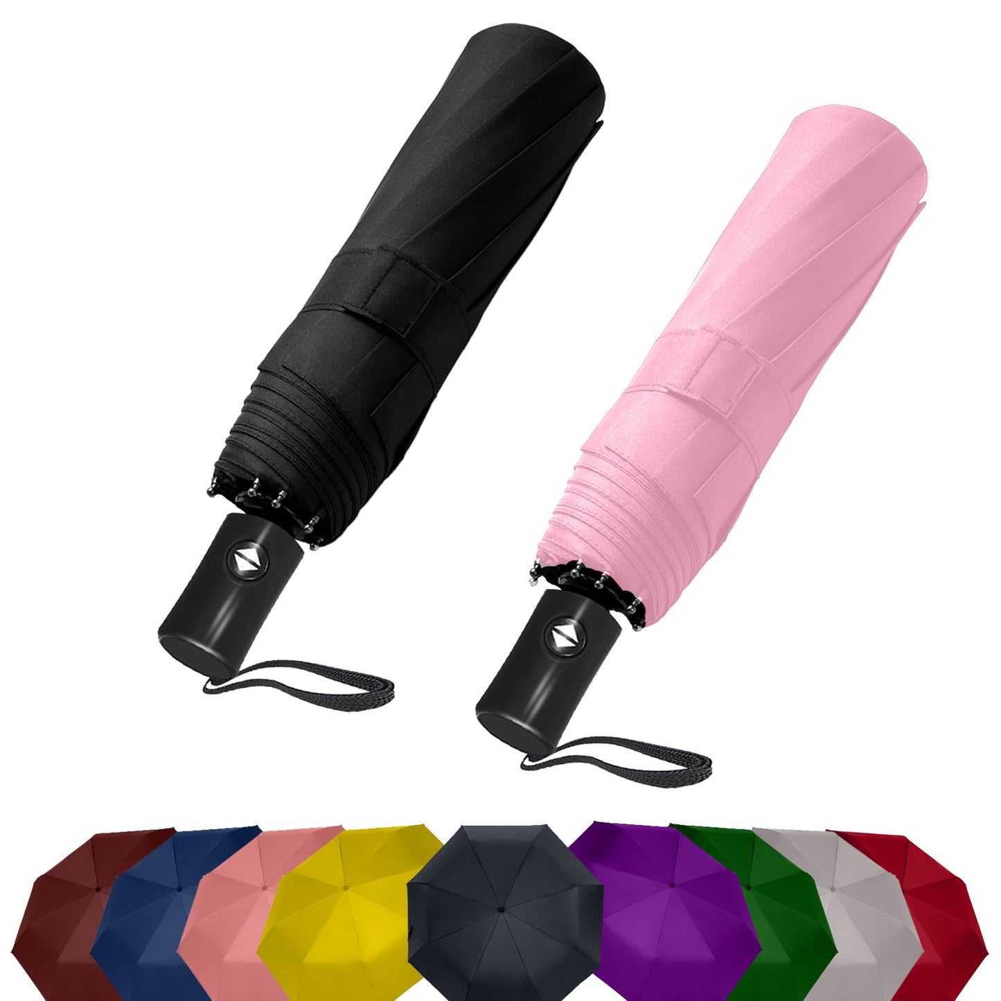 SIEPASA Two Packs Auto Open & Close Small Travel Umbrella Compact for Backpack-Umbrellas for Rain, Windproof Lightweight Strong Mini Portable Umbrellas for Men and Women.(Black & Pink, 2 Pack)