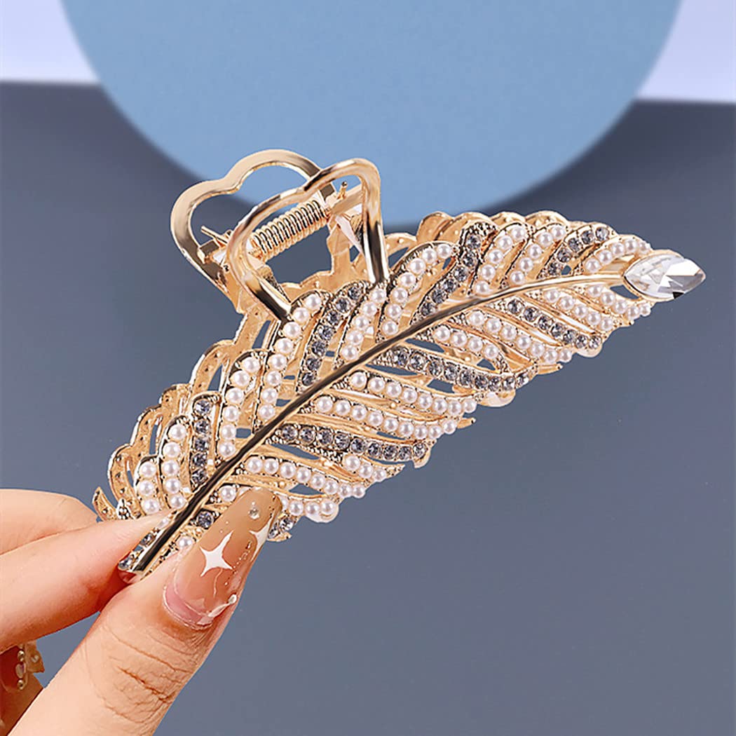 Rhinestone Hair Clips Pearl Leaf Shape Metal Hair Catch Barrette Jaw Clamp for Thin Thick Curly Hair Crystal Non-Slip Hair Claws Strong Hold Hair Accessories for Women, Bride, Bridesmaid