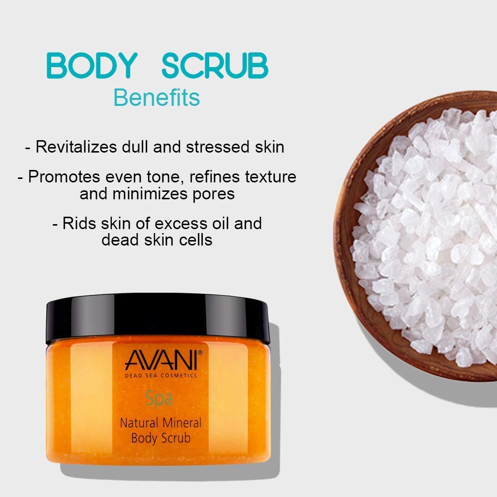 Avani Natural Mineral Body Scrub - Dead Sea Salt, Vitamin E, Jojoba, Sunflower, Sweet Almond - Exfoliating Formula for All Skin Types - Milk/Honey