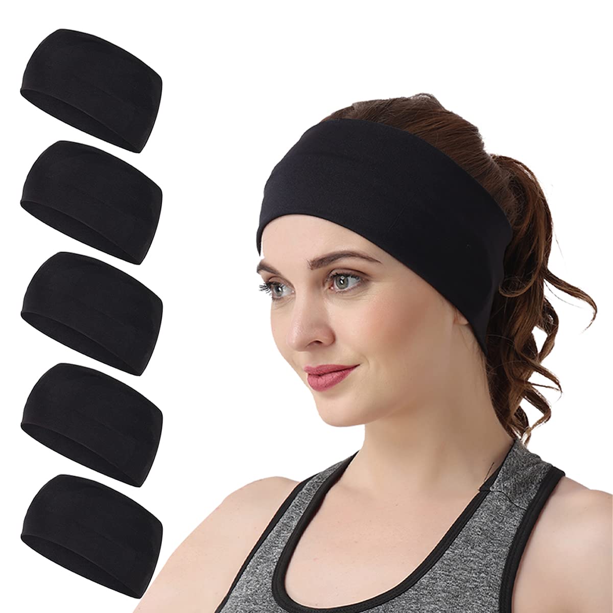 5 Pack Headband, Sweat Band, Sports Sweatband Headbands Hairband for Women - Running,Cycling,Football,Fishing (Black Pack of 5)