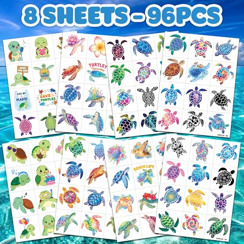 96 PCS Turtle Pre-Cut Temporary Tattoos for Kids | Super Cute First Themed Birthday Party Favors, Supplies, Decorations, Cute Ocean Animal Tattoo Stickers (multiple)