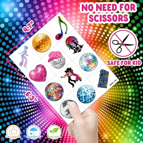 96PCS 70s Disco Ball Pre Cut Temporary Tattoos Themed Birthday Party Decorations Supplies Decor Favors Boogie Dance Groovy 1970s Retro Tattoo Stickers Gifts for Game Boys Girls Class School Prizes