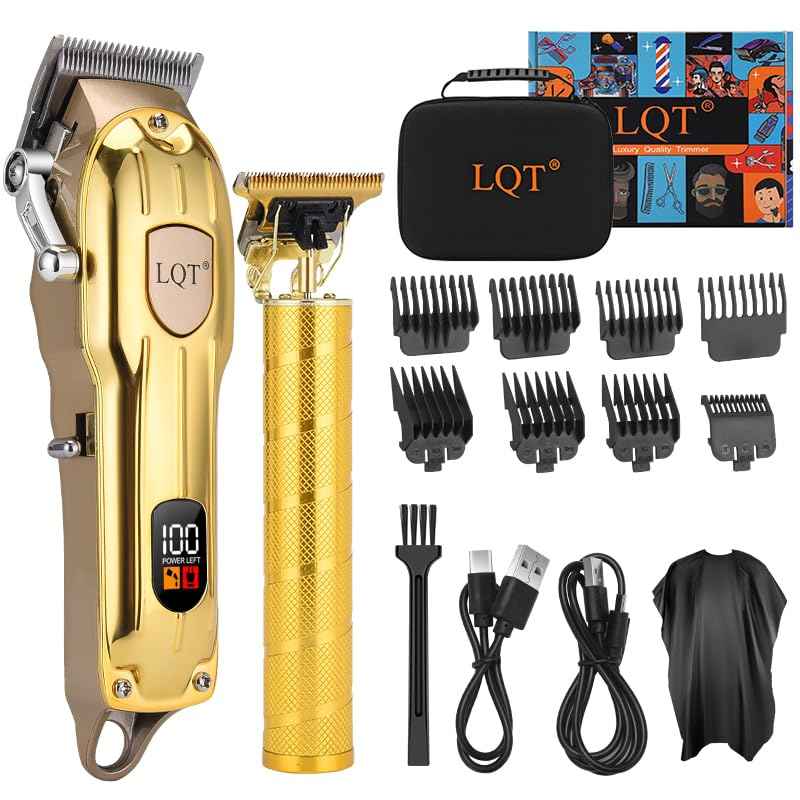 LQT Professional Hair Clipper Set, Gold, LED Display, with Trimmer, 8 Guide Combs, Barber Shaver Set, with Travel Case and Haircut Cape (Gold)