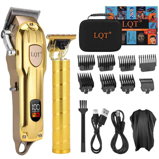 LQT Professional Hair Clipper Set, Gold, LED Display, with Trimmer, 8 Guide Combs, Barber Shaver Set, with Travel Case and Haircut Cape (Gold)