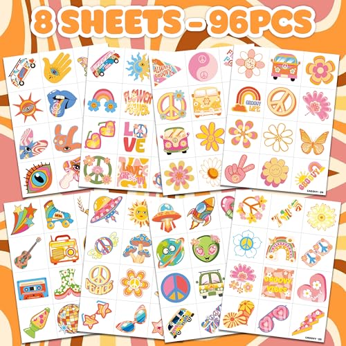 96 PCS Retro 60s 70s Temporary Tattoos for Kids Party