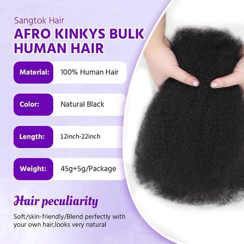 16 Inch Afro Kinkys Bulk Human Hair for Dreadlocks Extensions and Locs Repair 1 Pack 50 Gram Natural Black Color Afro Kinky Curly Human Hair Bulk for Twist