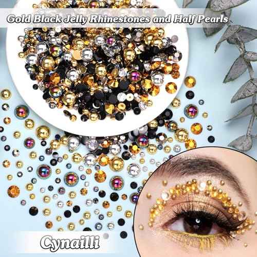 2 Boxes Gold Black Flatback Pearls and Resin Rhinestones for Crafting, 3-6 mm Jelly Rhinestones, Mixed Size Half Pearl Bedazzling Gems for Nail DIY Crafts Mugs Bottles Tumblers Clothes Makeup