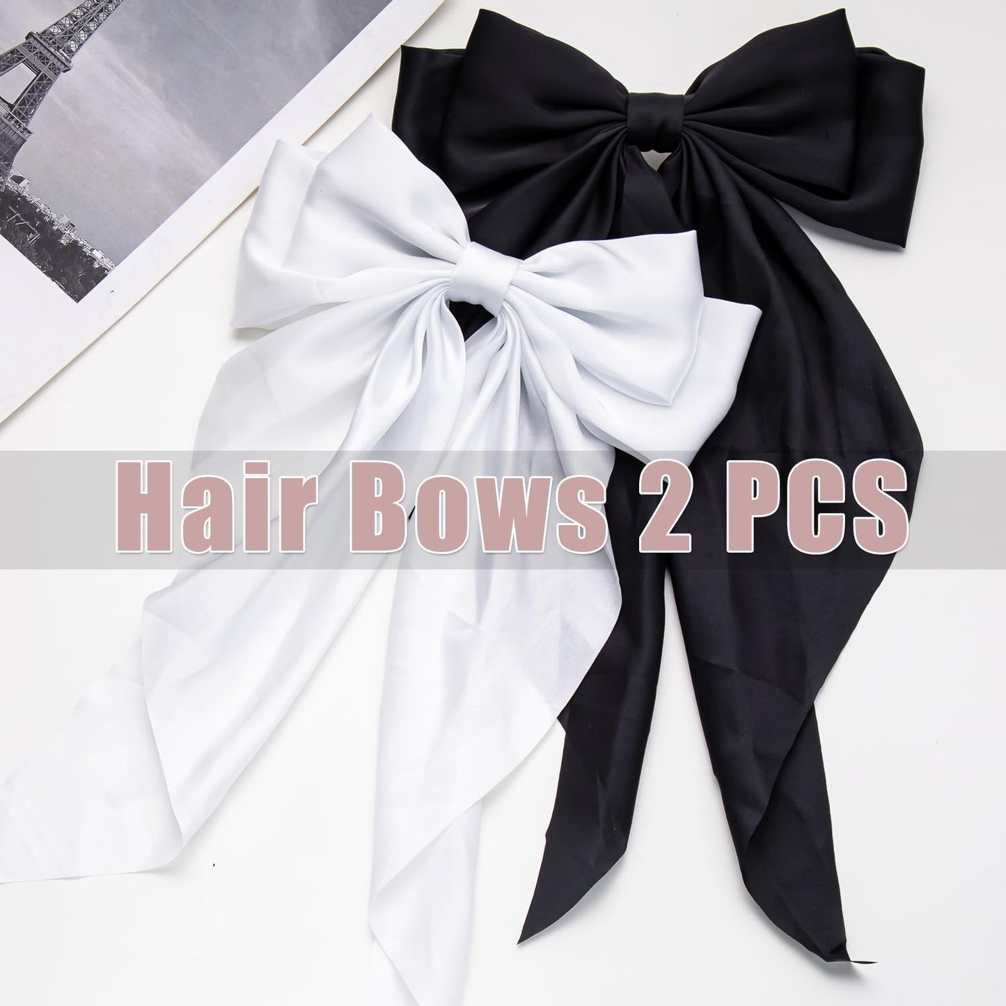 Oversized Long-tail Cute Aesthetic Hair Accessories: 2 PCS Ribbon Barrettes with Large Hair Bows for Women (Beige, Sky Blue)