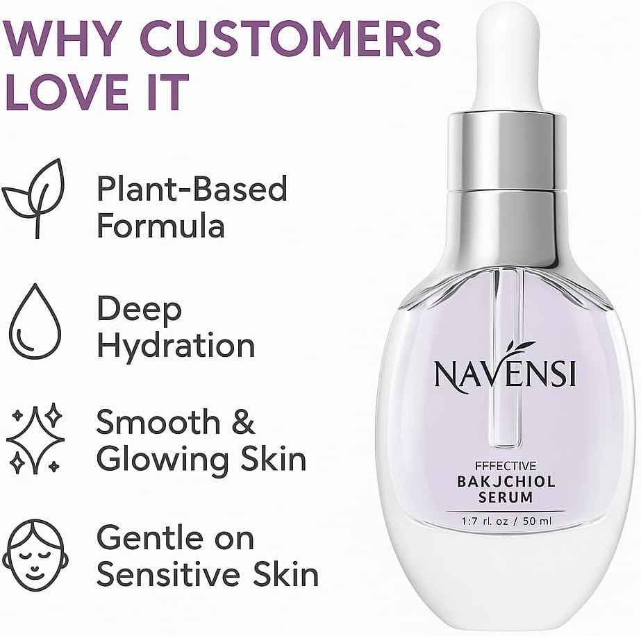 Navensi Bakuchiol Serum 50ml Natural Retinol Alternative with Hyaluronic Acid & Vitamin C Anti-Aging Face Serum for Fine Lines, Wrinkles & Dark Spots Hydrating, Firming & Brightening