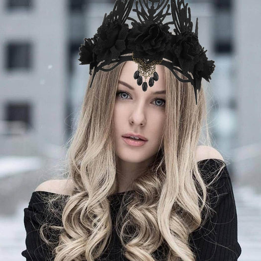 Coridy Dark Gothic Floral Headpiece Black Queen Crown Hair Bands Baroque Halloween Party Headbands Vintage Rose Flower HairBands for Ball Party Masquerade and Cosplay (Gothic Floral)