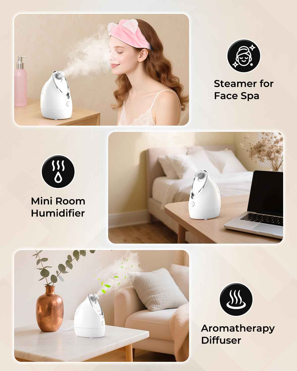 Kingsmile Facial Steamer for Face, 3 in 1 Face Steamer for Facial Deep Cleaning, Compact Nano Steamer - Aromatherapy, Adjustable Nozzle Warm Steam for Home SPA, Face Steamer for Sinuses with Hairband
