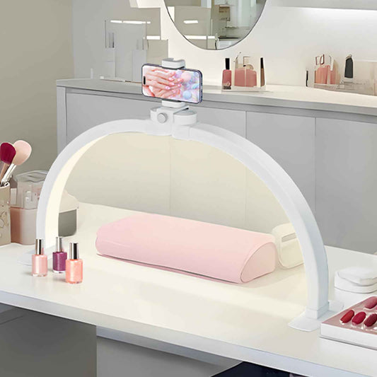 MYSWEETY Foldable Half Moon Nail Desk Lamp, 23 Inch Lash Tech Light with Phone Holder, Estheticians Table Lamp for Tattoo, Lash Eyelash Extension, Beauty