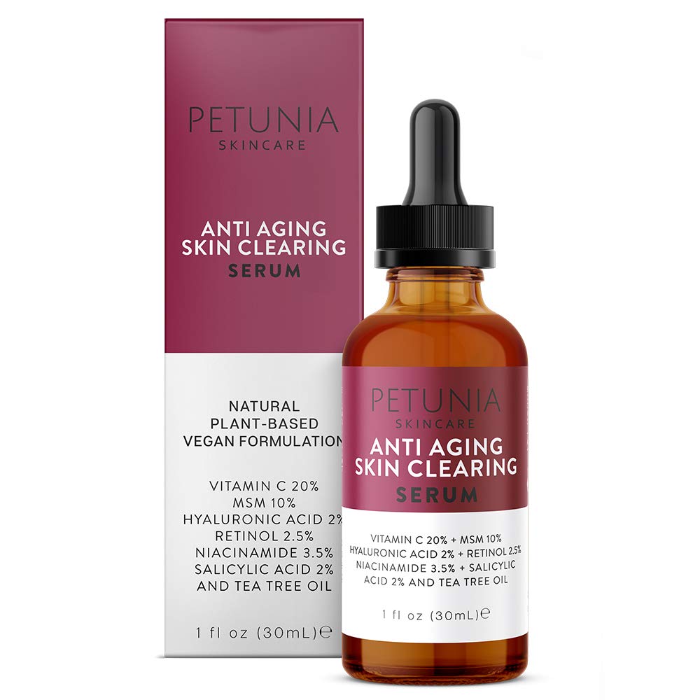 Anti-Aging Skin Clearing Vitamin C Plus Serum | Active 2.5% Retinol, Vit C 20% , MSM, Salicylic Acid | Acne Treatment And Collagen Booster For Fine Lines, Wrinkles, Dark Spots, Acne | 1 fl. oz.