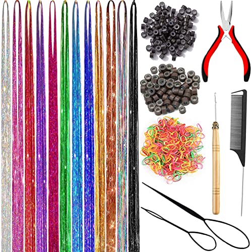 Hair Tinsel Kit 48 Inch Hair Tinsel Heat Resistant Safe 12 Colors 3600 strands Tinsel Hair Extensions with Tools,Fairy Hair Tinsel Kit for Women Girls Hair Accessories