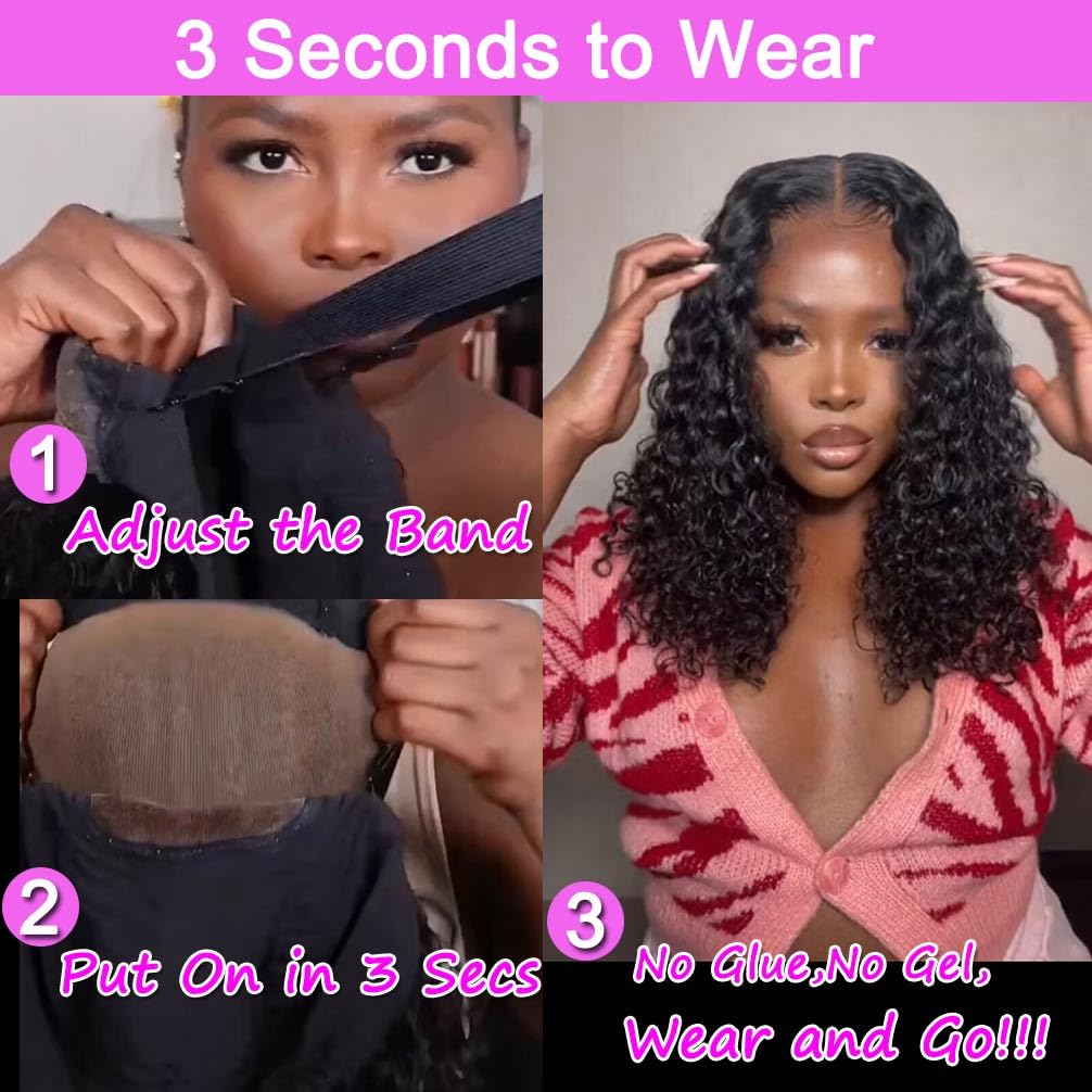 Srakuw Wear and Go Glueless Wigs Human Hair Pre Plucked Pre Cut Lace Front Wigs for Black Women 180% Density Water Wave Bob Wig Human Hair Curly Wig (14 Inch)