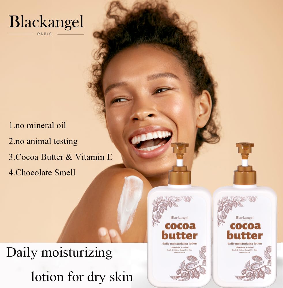 blackangel Cocoa Butter Body Lotion for Dry skin, Body Lotion & Facial Moisturizer for women, Cocoa Butter Cream, Plant-Based Moisturizer for 48 Hours of Hydration, 15.22 fl. oz