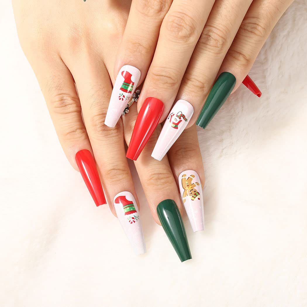 Uranian Coffin Extra Long Press on Nails Snowflake Red Christmas Fake Nails Elk Ballerina Glossy Full Cover False Nails Santa Claus Acrylic Nails Tips for Women and Girls 30 PCS (Pattern-B)