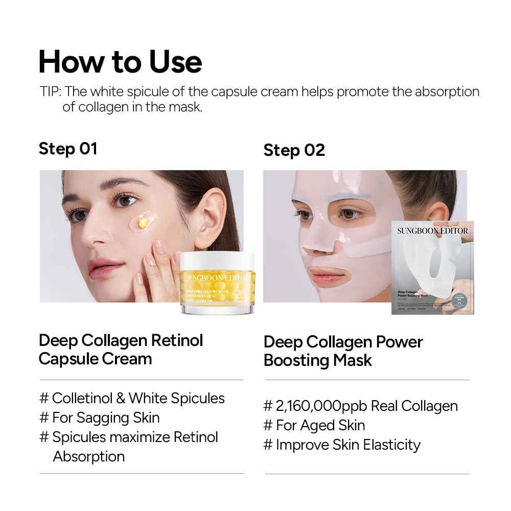 SUNGBOON EDITOR Deep Collagen Boosting Duo : Deep Collagen Mask (4ea) & Power Boosting Capsule Cream, Skincare Gift Sets for Mom