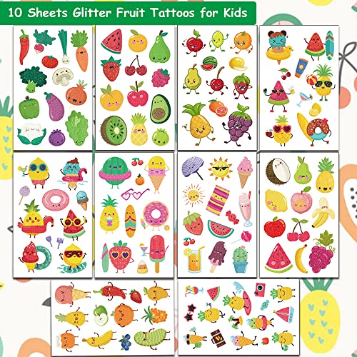 Glitter Fruit Temporary Tattoos for Kids - 100+ Cartoon Fruit Summer Tattoos for Girls Boys Birthday Party Supplies Favors