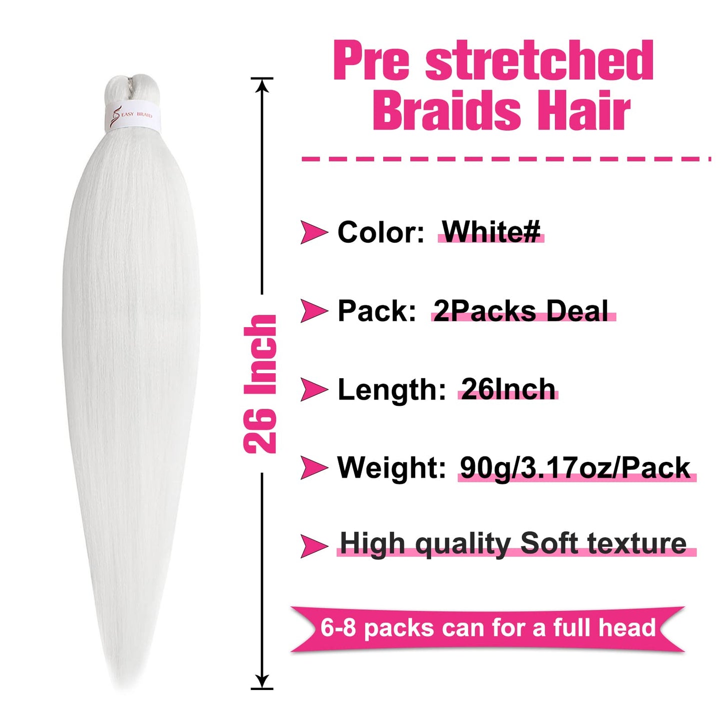 Unionbeauty 26 Inch Pre Stretched Braiding Hair 2 Packs Crochet Hair White Braiding Hair for Box Braids Hot Water Setting Easy Braid Yaki Texture Synthetic Braid Hair Extensions Crochet Braids(white#)