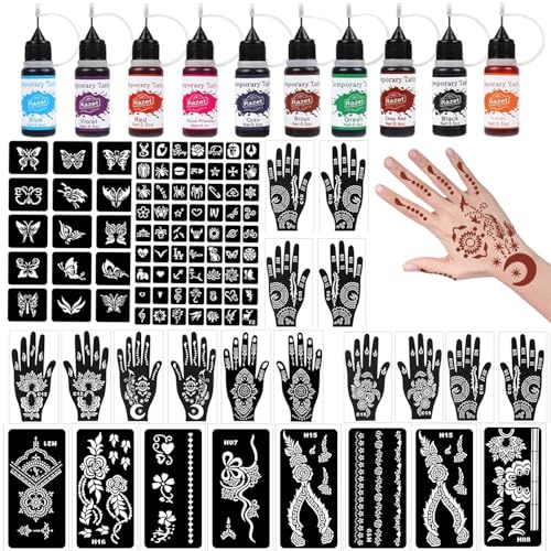 Temporary Tattoo Kit - 10 Colors, 86 Stencils, 8 Gloves