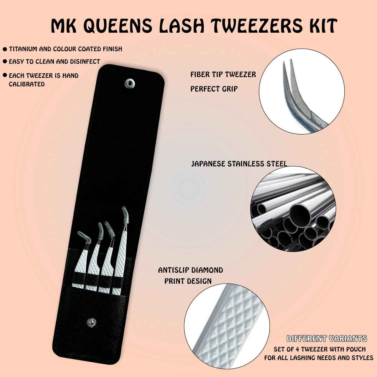 MK Queens Lash Tweezers - Stainless Steel Fiber Tip Eyelash Tweezers (Set of 4) - Diamond Grip Professional Lash Tweezers for Eyelash Extensions (White)