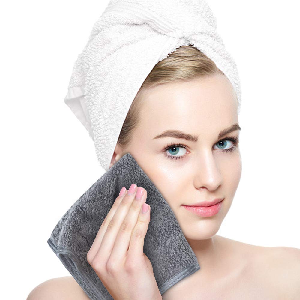 SINLAND Microfiber Face Cloths Reusable Makeup Remover Washcloths Super Soft and Absorbent Fingertip Face Towels for Sensitive Skin Women 12 x 12 Inch 6 Pack White and Grey