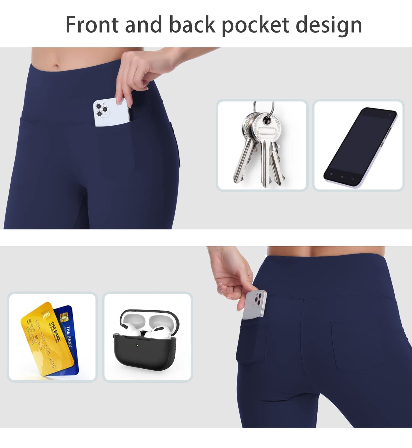 THE GYM PEOPLE Women's Casual Yoga Leggings High Waisted Tummy Control Workout Pants with 4 Pockets Navy Blue