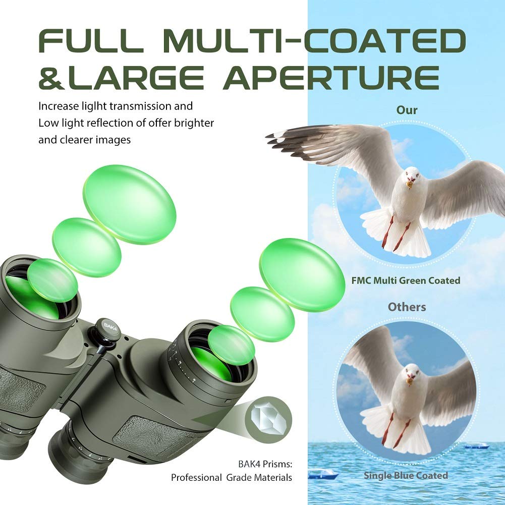 Hooway 7x50 Waterproof Floating Marine Binocular w/Internal Rangefinder & Compass for Navigation,Boating,Bird Watching and More(Army Green)