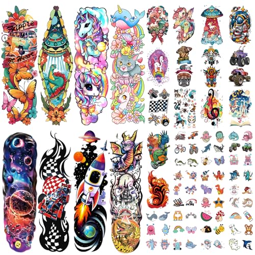 Kids Full Arm Temporary Tattoos Pack - Rocket, Dinosaur, Astronaut & More - Style: Kids Full Arm
