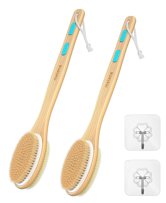 Metene 2 Pack Shower Brush with Soft and Stiff Bristles, Bath Dual-Sided Long Handle Back Scrubber Body Exfoliator for Wet or Dry Brushing