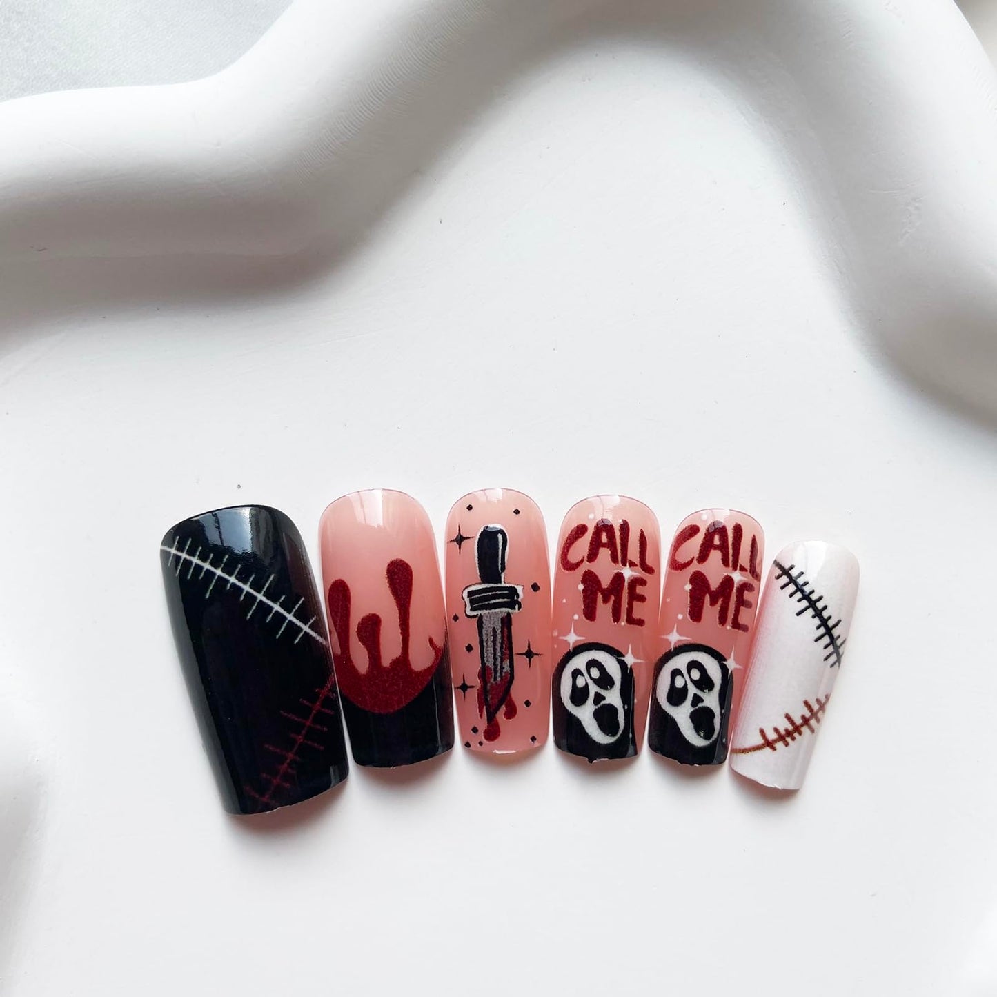 Coffin Fake Nails Medium Length Press on Nails Halloween False Nails with Ghost Knife Blood Patch Designs French Stick on Nails Full Cover Glossy Acrylic Fake Nails Horrible Halloween Artificial Nails