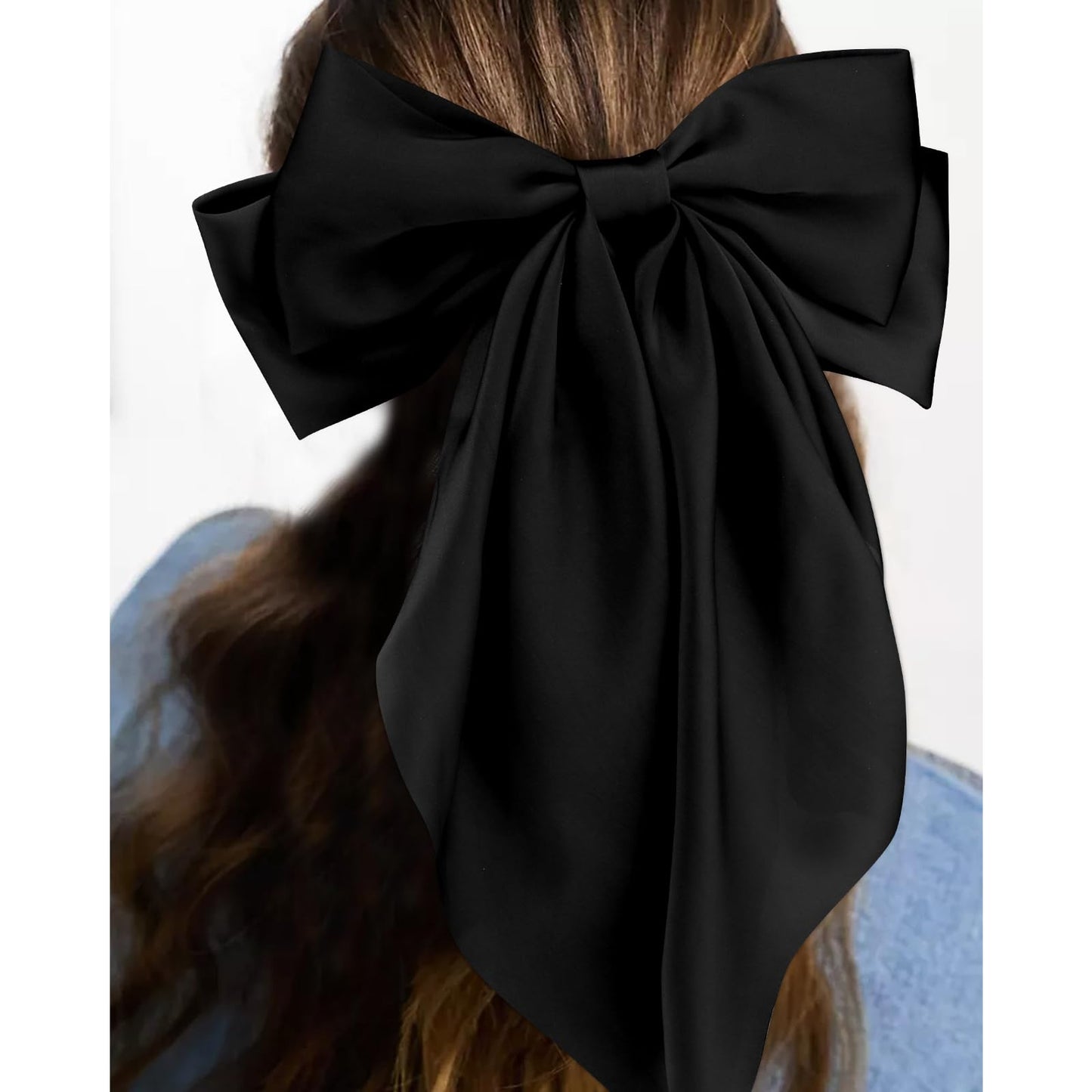 Velscrun Hair Bows for Women Girls 3Pcs White Pink Black Silky Satin Large Bows Hair Clip Oversized Hair Ribbons Long Tail Big Hair Bows Accessories