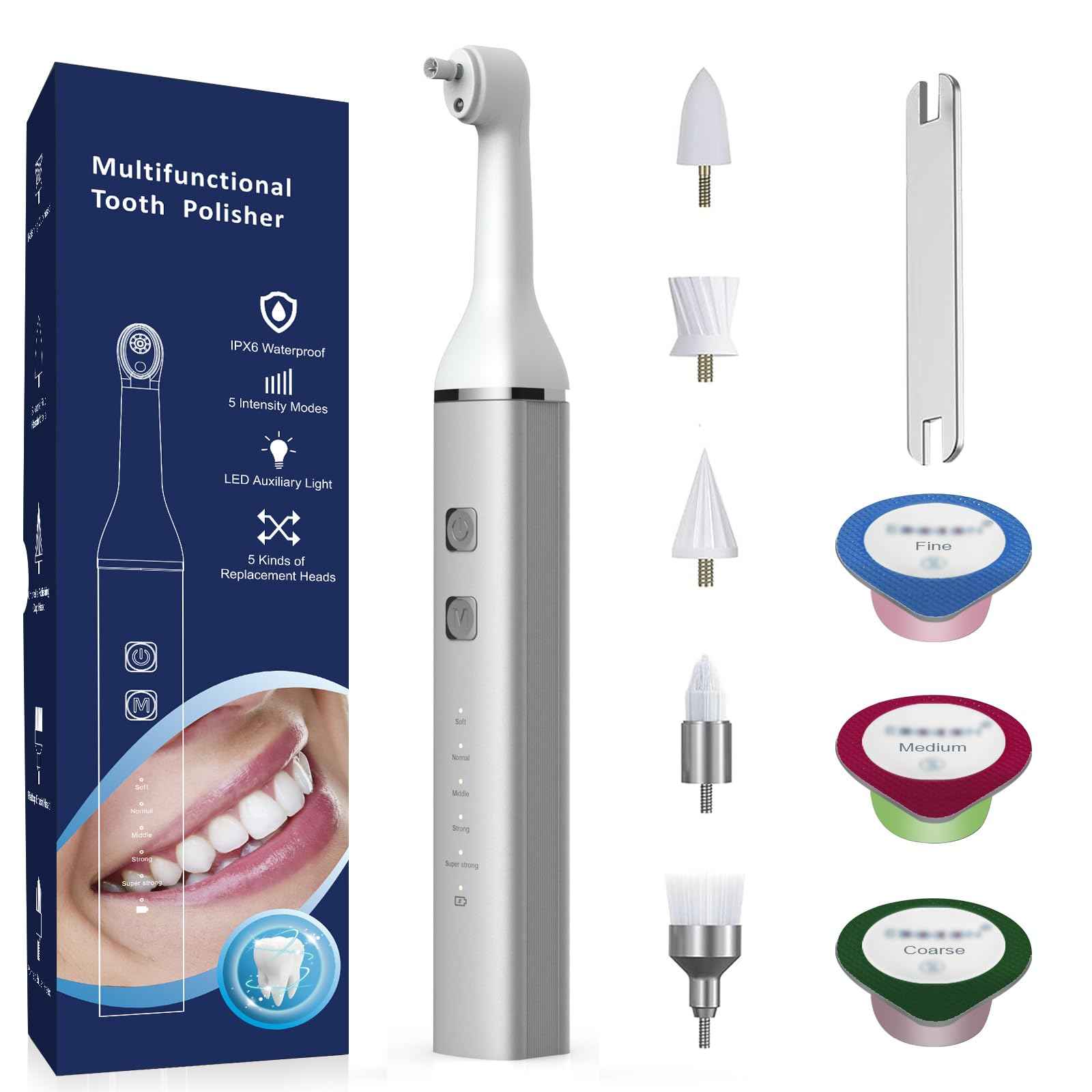 Tooth Polisher and Plaque Remover, Teeth Cleaning Tools for Cleaning and Polishing of Tooth, Dental Cleaning Tools for Brighten and Polish Teeth with 5 Brush Heads, 4 Speed Modes and 3 Polish Pastes