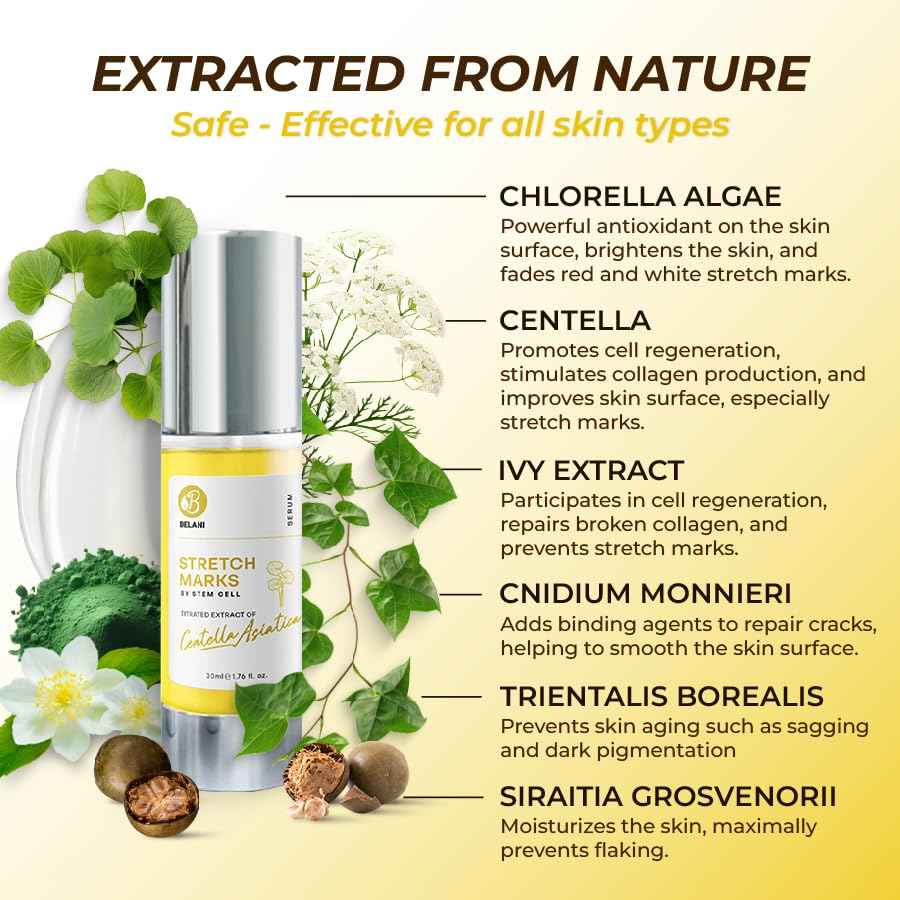 HVSUN Belani stretch marks, regenerates damaged skin cells, stimulates collagen production and reshapes skin firmness. Deeply moisturizing essence leaves skin soft and flaky