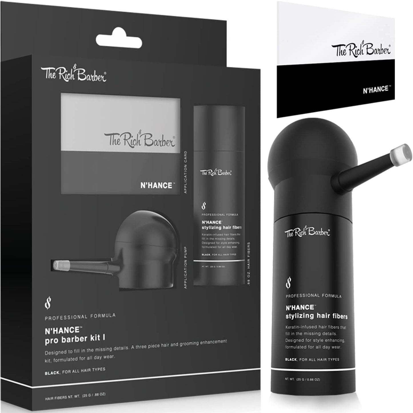 The Rich Barber N'Hance Pro Barber Kit I - Professional 3-in-1 Hair & Beard Styling Set - Keratin-Infused Hair Building Fibers, Applicator Pump, Application Card - Hairline Enhancer & Volumizing Spray