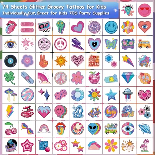 CHARLENT Groovy 70s Glitter Temporary Tattoos for Kids - 74 Designs