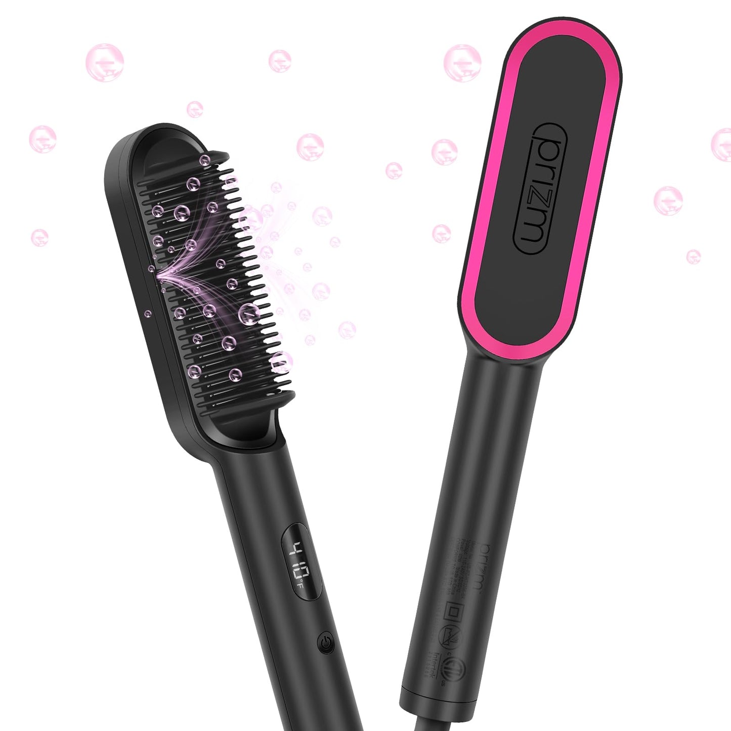 Prizm Hair Straightener Brush, 20s Fast Heating, Negative Ions Hair Straightening Comb with Less Frizz, 4 Temp Settings & LED Display, Anti-Scald Design, Gift for Women, Dual Voltage, Black