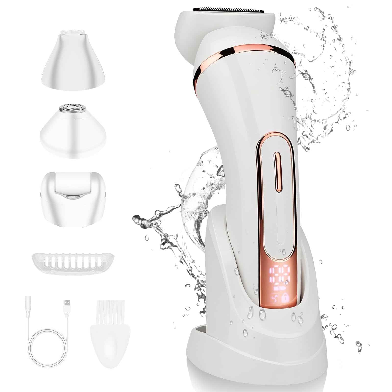 Electric Shavers for Women, 4 in 1 Hair Removal Kit with Epilator Bikini Trimmer Face Razor Body Brush Face Massager Foot Callus Remover, IPX7 Waterproof Lady Razors Set for Legs Armpit Bikini Pubic