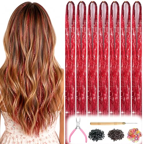Red Hair Tinsel Kit - 7 Pcs Glitter Extensions for Festivals