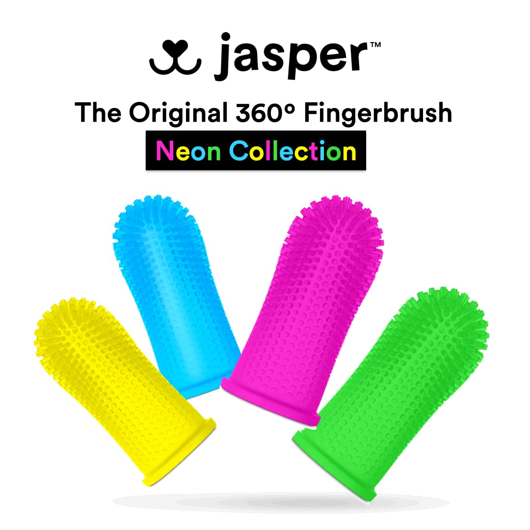 Jasper Dog Toothbrush, 360º Dog Tooth Brushing Kit, Cat Toothbrush, Dog Teeth Cleaning, Dog Finger Toothbrush, Dog Tooth Brush for Small & Large Pets, Dog Toothpaste Not Included, 4-Pack Neon