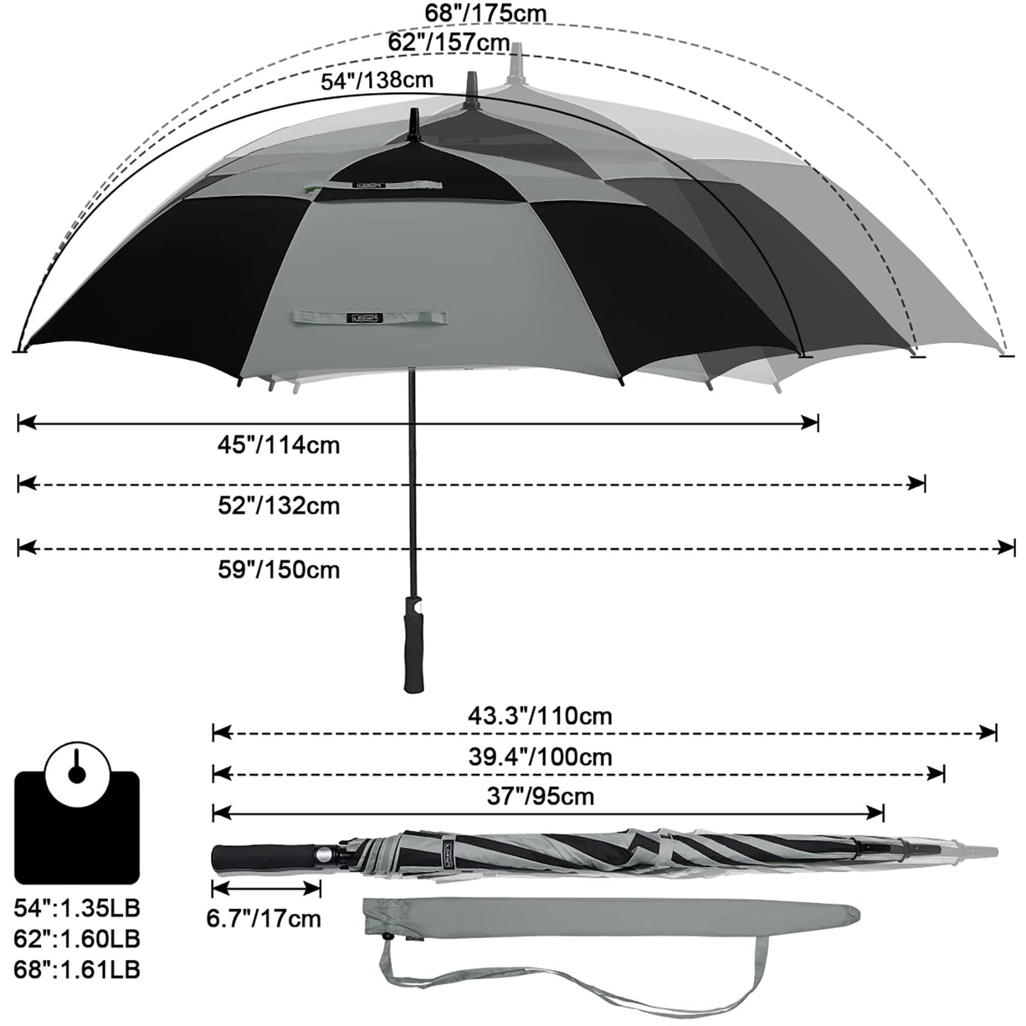 G4Free 54 Inch Automatic Open Golf Umbrella Windproof Extra Large Oversize Double Canopy Vented Windproof Waterproof Stick Umbrellas for Men (Black/Gray)