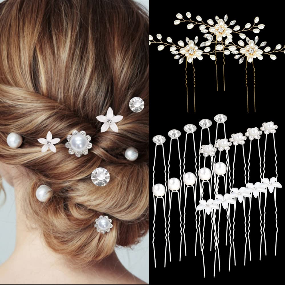 23Pcs Wedding Hair Pins, FHDUSRYO Bridal Pearl Rhinestone Hair Clips, U Shaped Flower Crystal Hair Accessories Diamond Hairpin for Bridesmaid Women Girls Ladies (5 Thems)