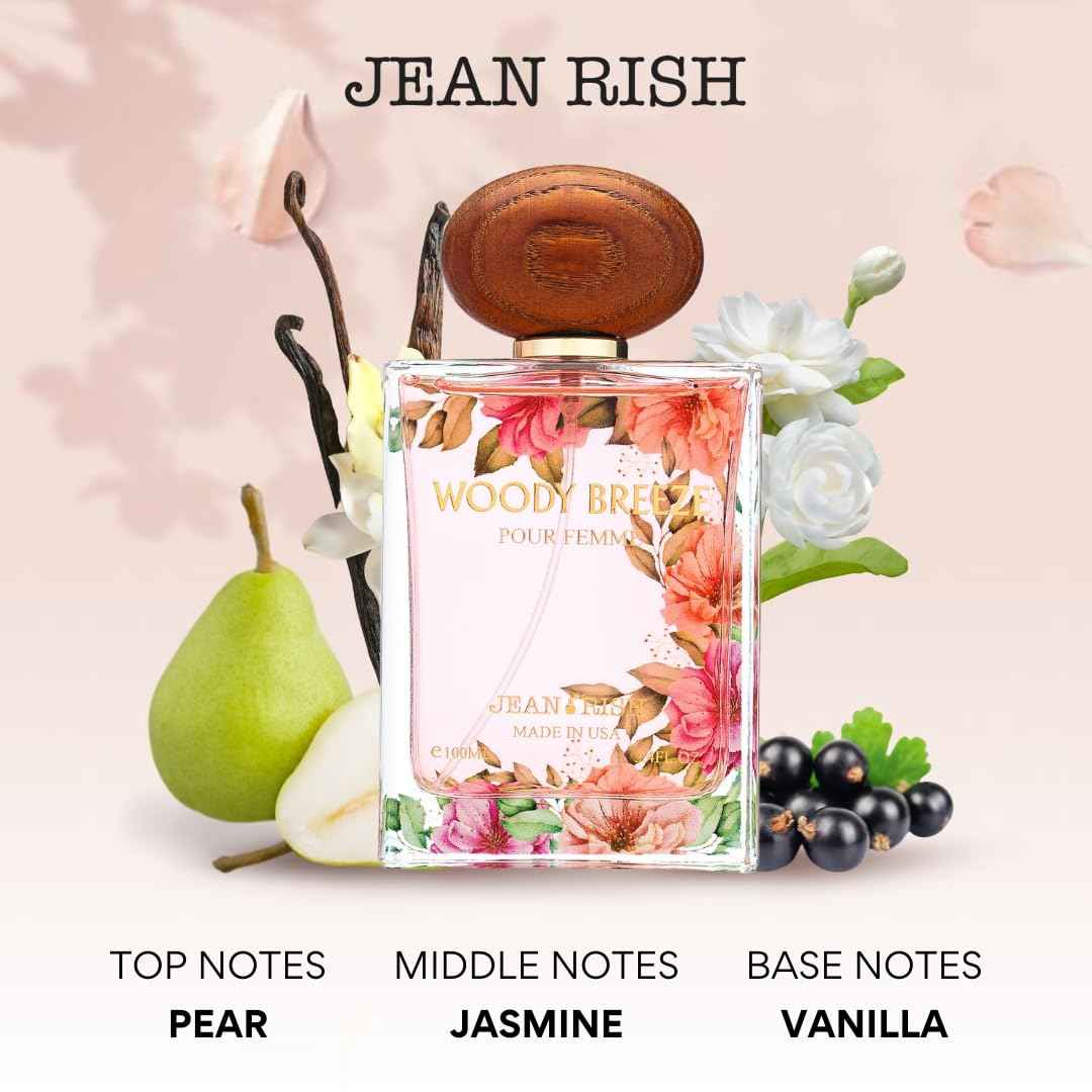 Jean Rish Woody Breeze Eau De Parfum - Perfume for Women (3.4 Fl Oz / 100ml) with Pear, Jasmine & Vanilla Notes - Long Lasting and Luxury Fragrance, Made in USA