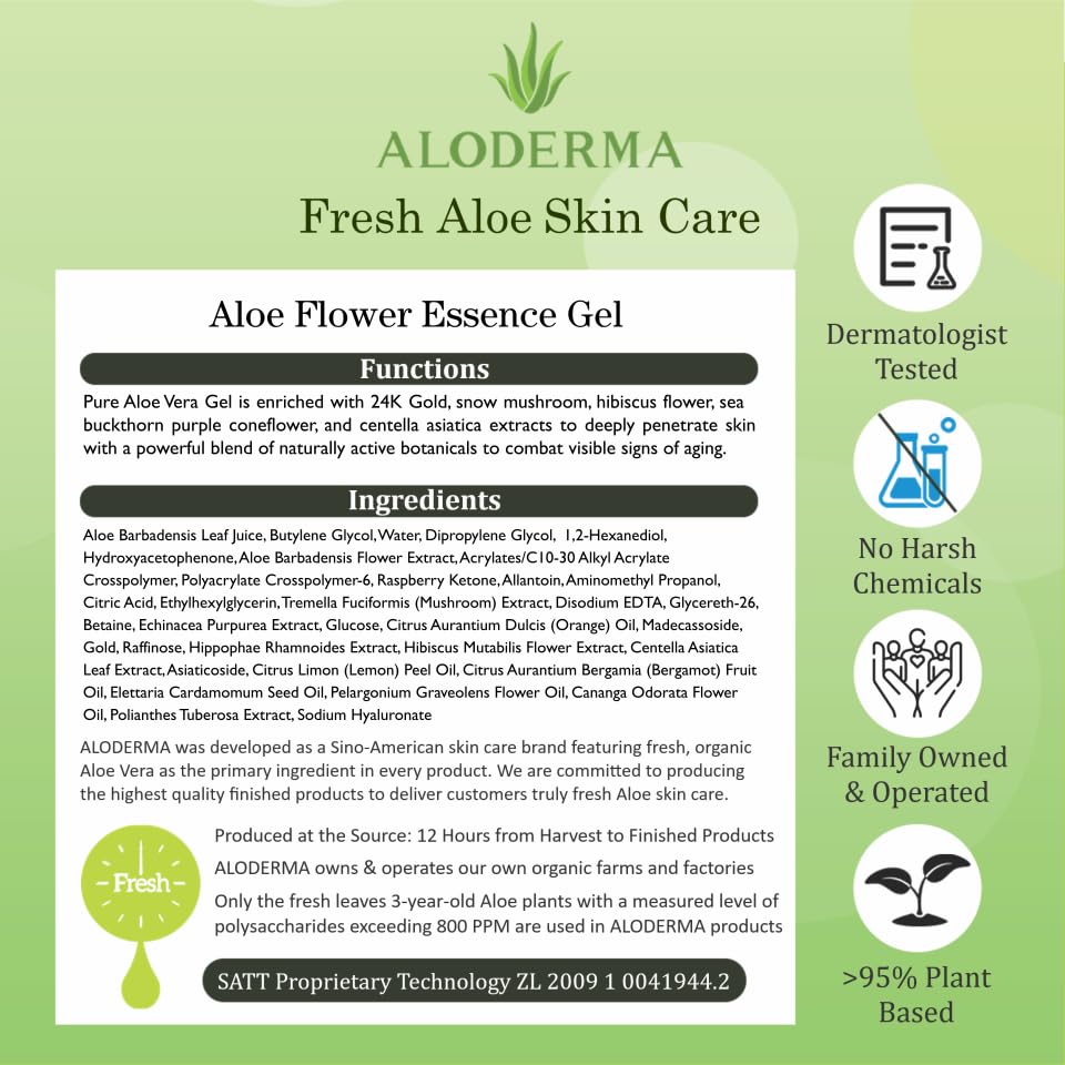 Aloderma Age-Defying 24K Gold Leaf Aloe Flower Essence Gel, Made within 12 Hours of Harvest - Luxurious Aloe Gel with Allantoin & Hyaluronic Acid for a Glowing, Shimmering, Youthful Complexion, 7oz